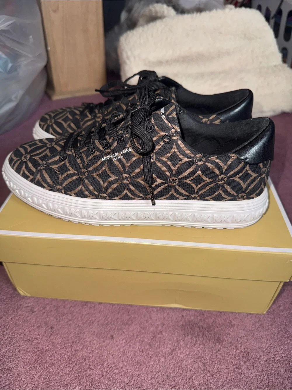 Michael Kors Black and Brown Logo-Pattern Lace-Up Sneakers